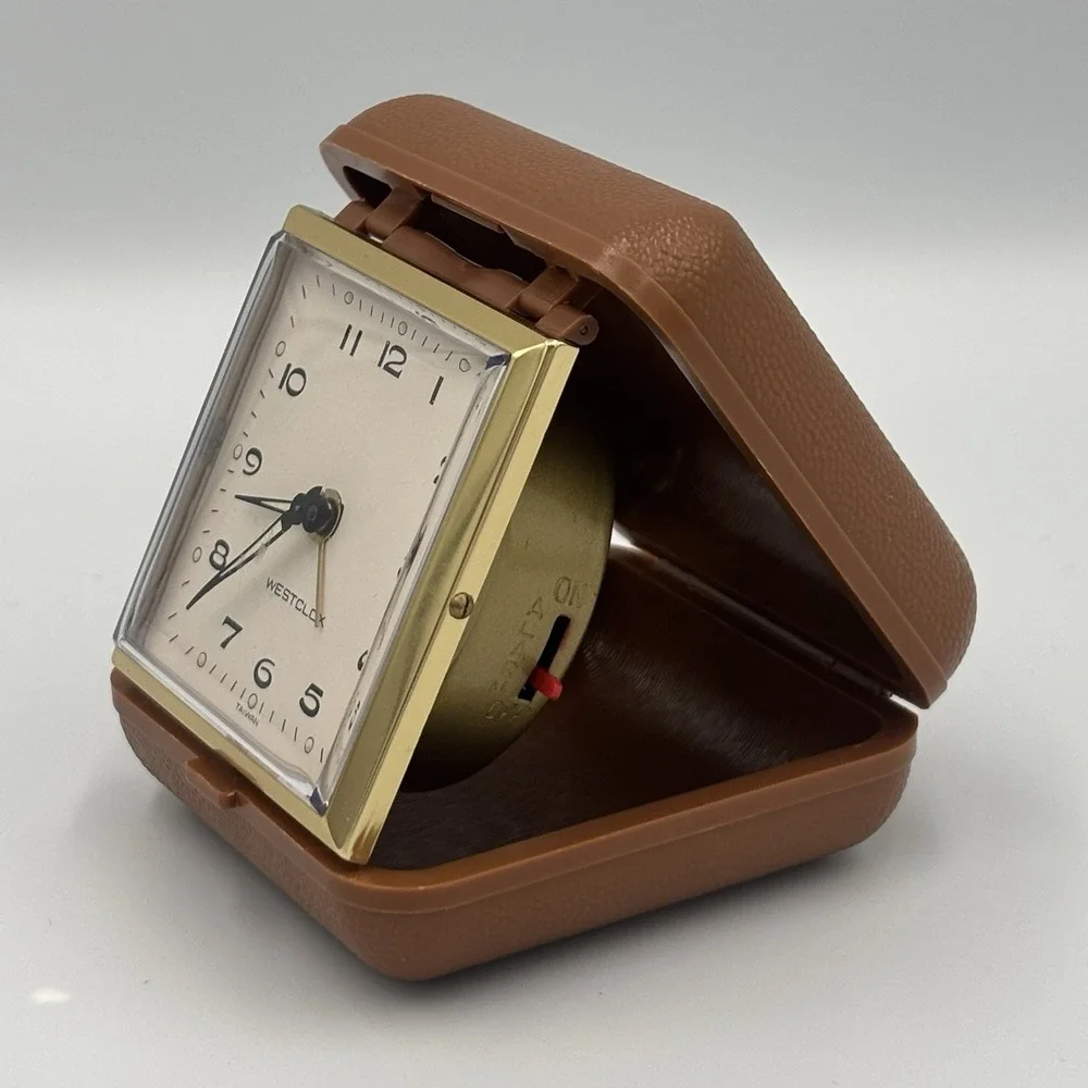 Vintage Westclox Compact Windup Travel‎ Alarm Clock Tan Folding Case Works Great